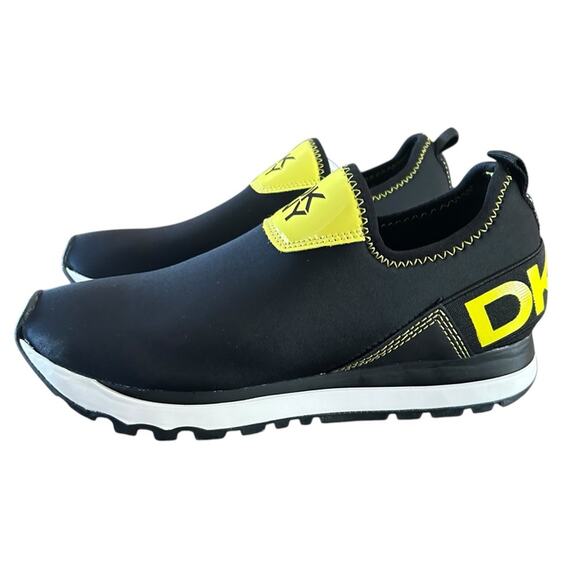 DKNY Jolie-Slip On Sneakers Neoprene Black Neon Yellow Logo NEW 6 - Picture 8 of 12